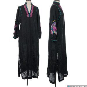 Mirto Black Linen Embroidered Tunic Maxi Dress Pockets Folk Size Small New